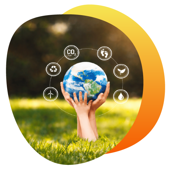 globe with hands and climate symbols