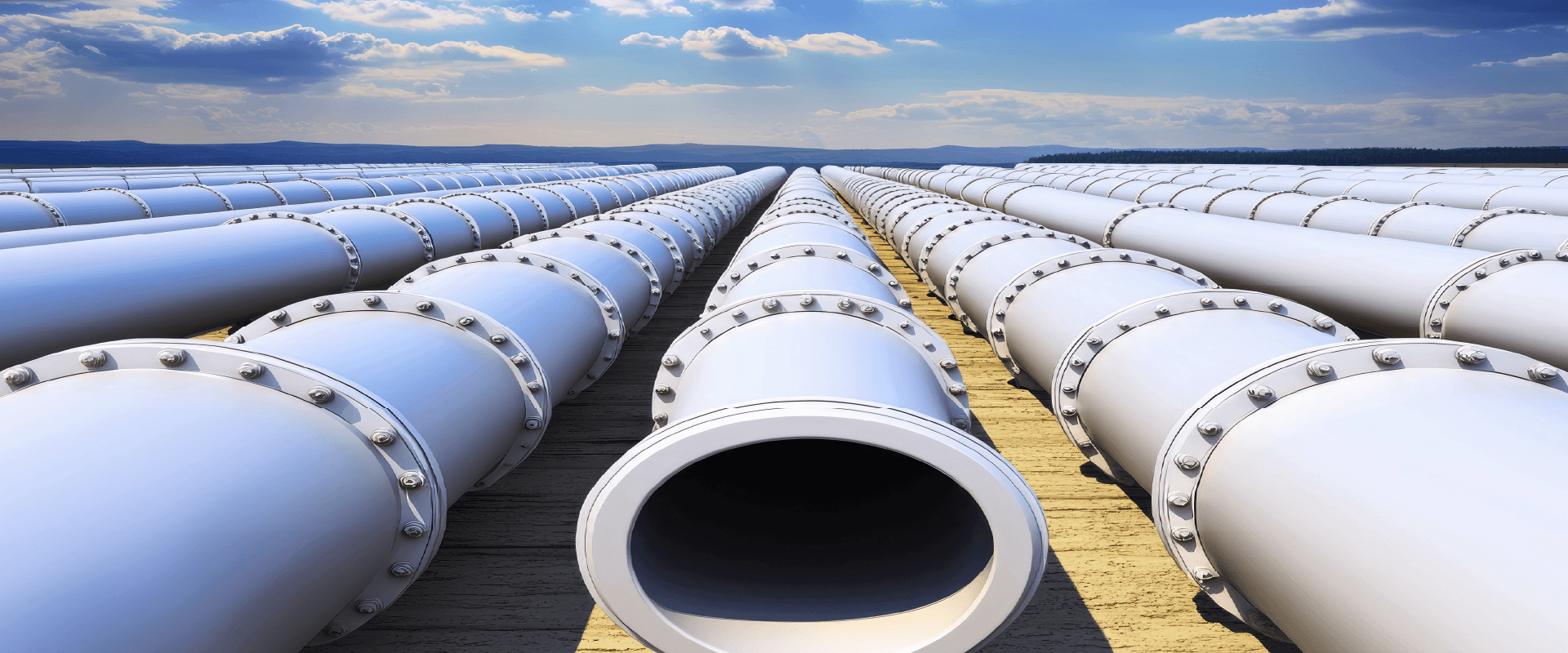 White pipelines with sky in the background