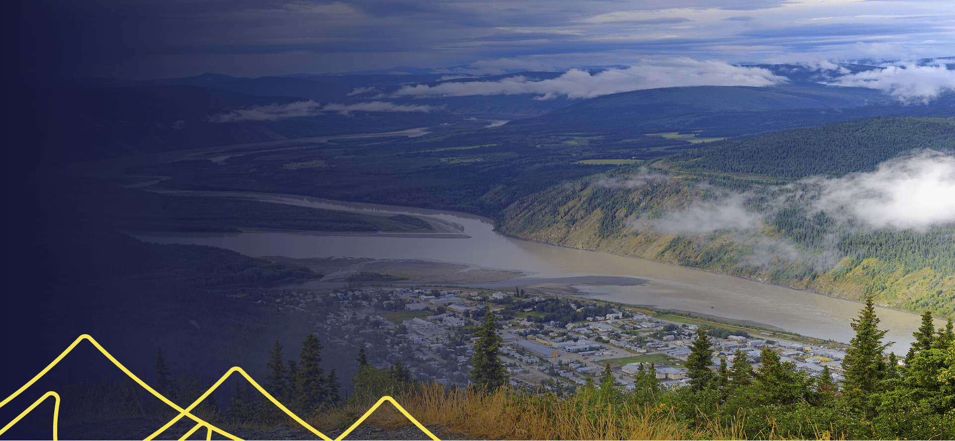 gradient picture of the yukon river and settlements with a yellow mountain swoop