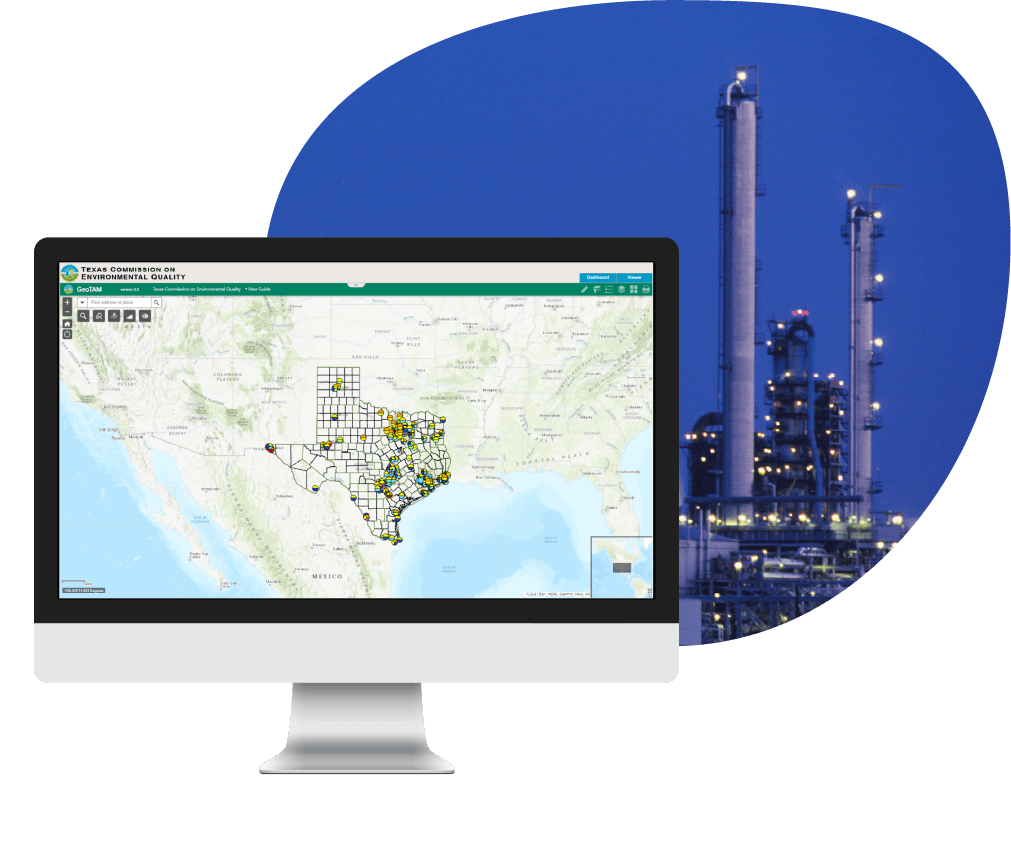 A visual map of the Texas Commission Environmental Air Quality with Texas details outlined