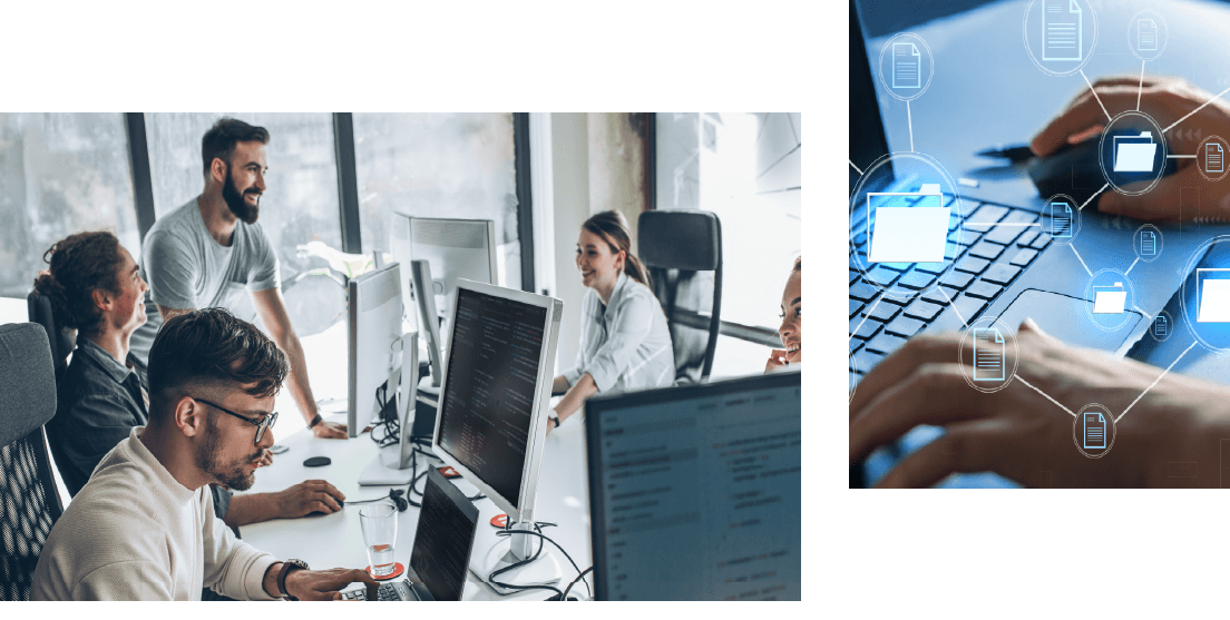 two triptic images, first with people talking with computer and laptops, second is hands on keyboard and digital edit