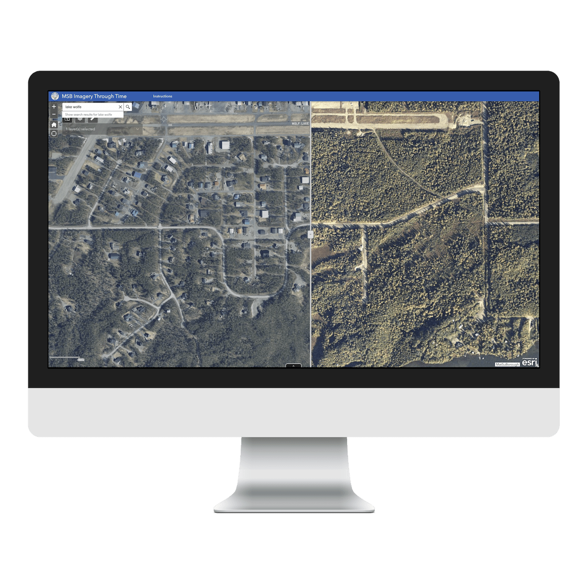 Desktop computer displaying split view of map, fifty years apart.