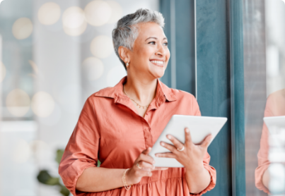 Tablet, thinking and senior business woman in office contemplating, research or internet browsing