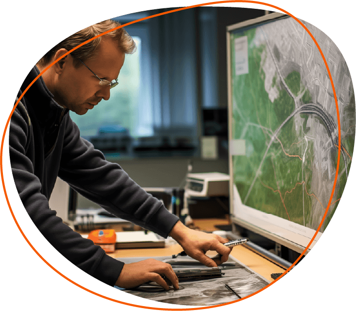 Man at drafting table with mapping software displaying on computer